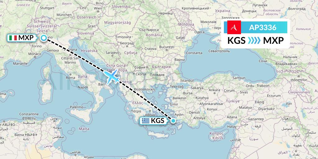 AP3336 AlbaStar Flight Map: Kos to Milan