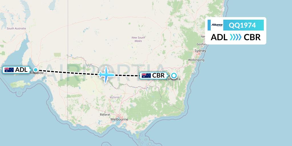 QQ1974 Alliance Airlines Flight Map: Adelaide to Canberra