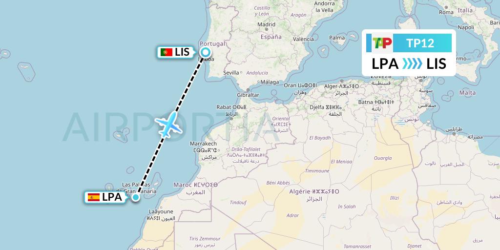 TP12 TAP Portugal Flight Map: Las Palmas to Lisbon