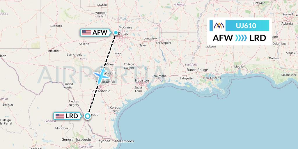 UJ610 AlMasria Universal Airlines Flight Map: Fort Worth to Laredo