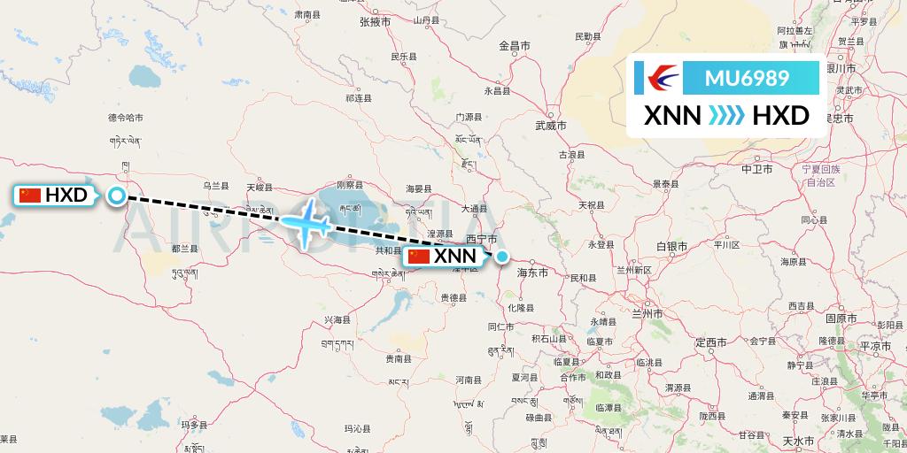 MU6989 China Eastern Airlines Flight Map: Xining to Delingha