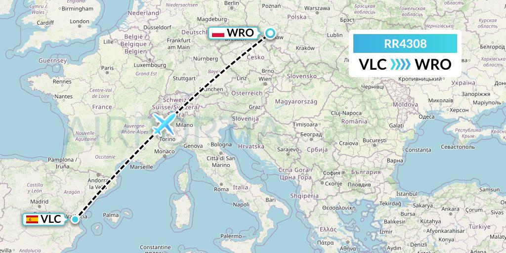 RR4308 Royal Air Force Flight Map: Valencia to Wroclaw