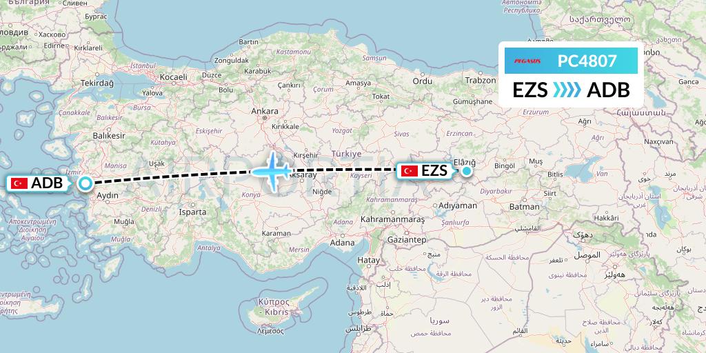 PC4807 Pegasus Airlines Flight Map: Elazig to Izmir