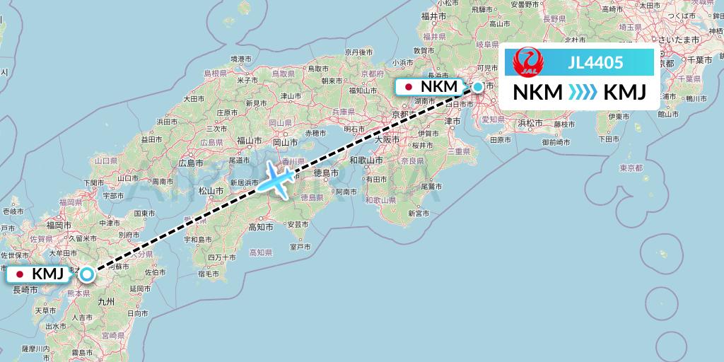 JL4405 Japan Airlines Flight Map: Nagoya to Kumamoto