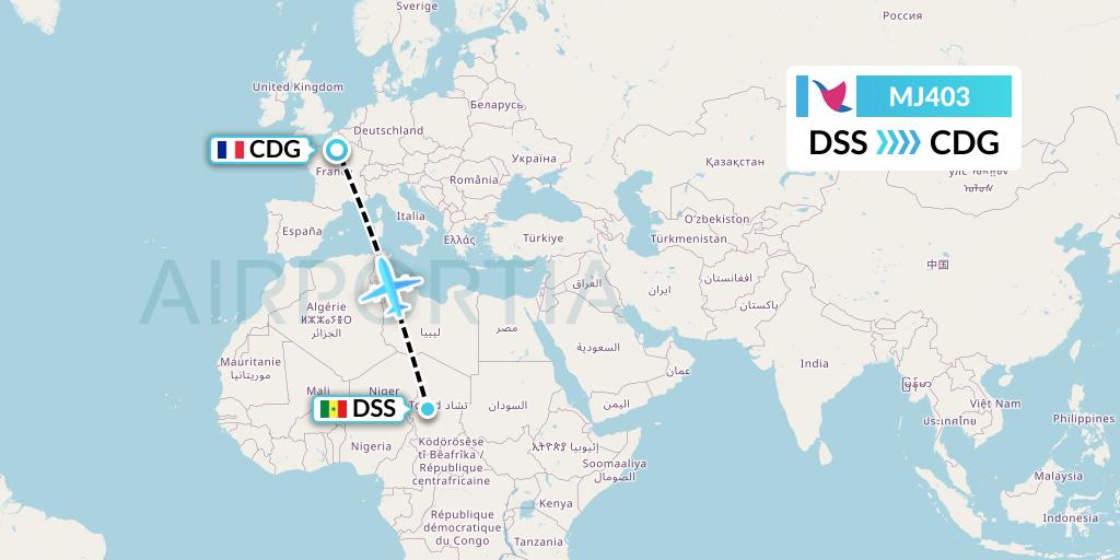 MJ403 Myway Airlines Flight Map: Dakar to Paris