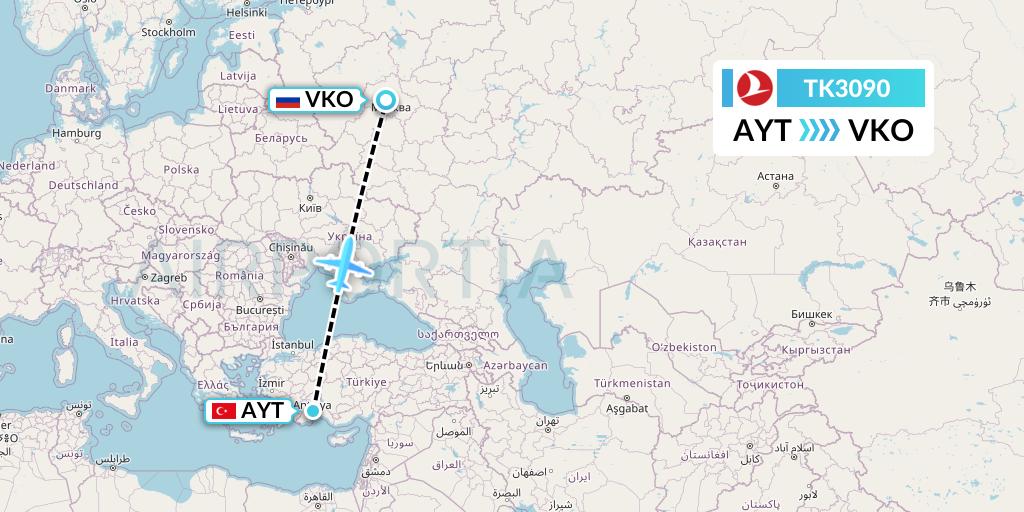TK3090 Turkish Airlines Flight Map: Antalya to Moscow
