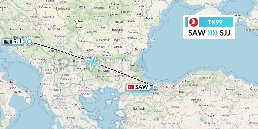 TK99 Turkish Airlines Flight Map: Istanbul to Sarajevo