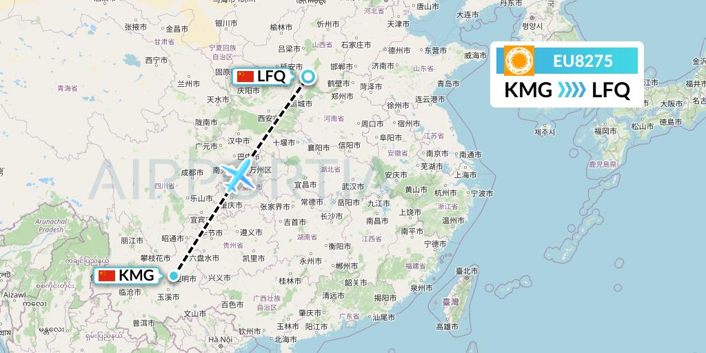 EU8275 Chengdu Airlines Flight Map: Kunming to Yulin