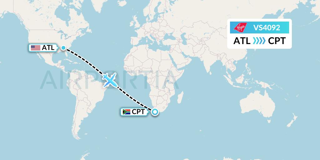 VS4092 Virgin Atlantic Airways Flight Map: Atlanta to Cape Town