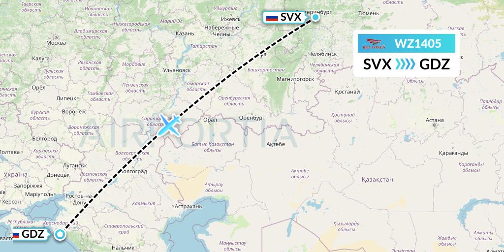 WZ1405 Red Wings Flight Map: Yekaterinburg to Gelendzhik