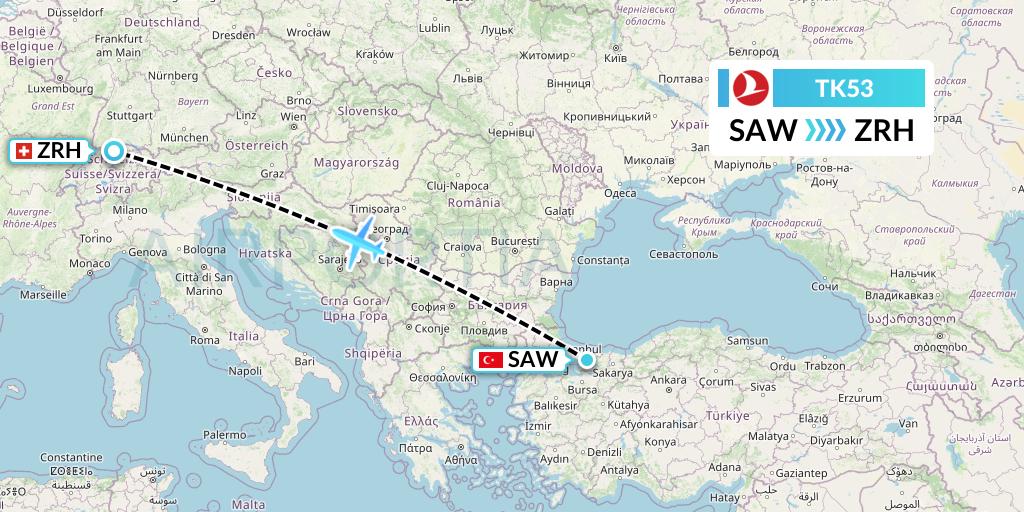 TK53 Turkish Airlines Flight Map: Istanbul to Zurich