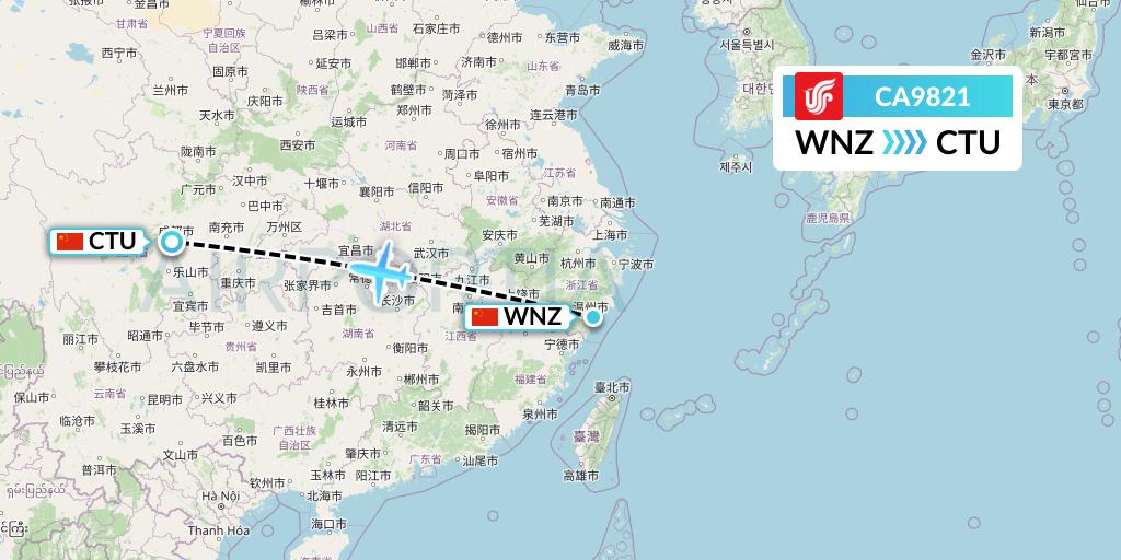 CA9821 Air China Flight Map: Wenzhou to Chengdu