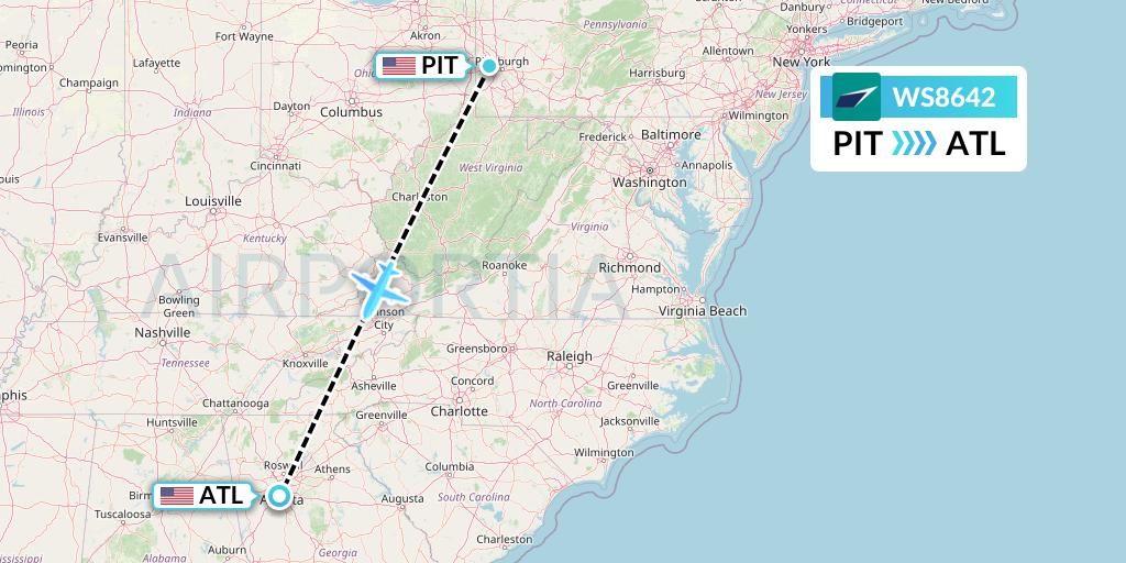 WS8642 WestJet Flight Map: Pittsburgh to Atlanta