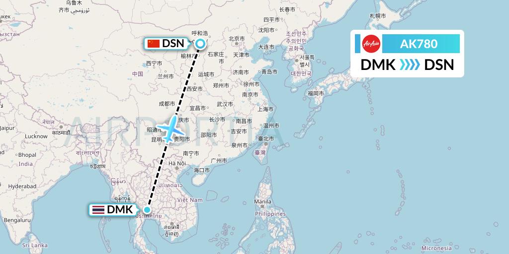 AK780 AirAsia Flight Map: Bangkok to Dongsheng