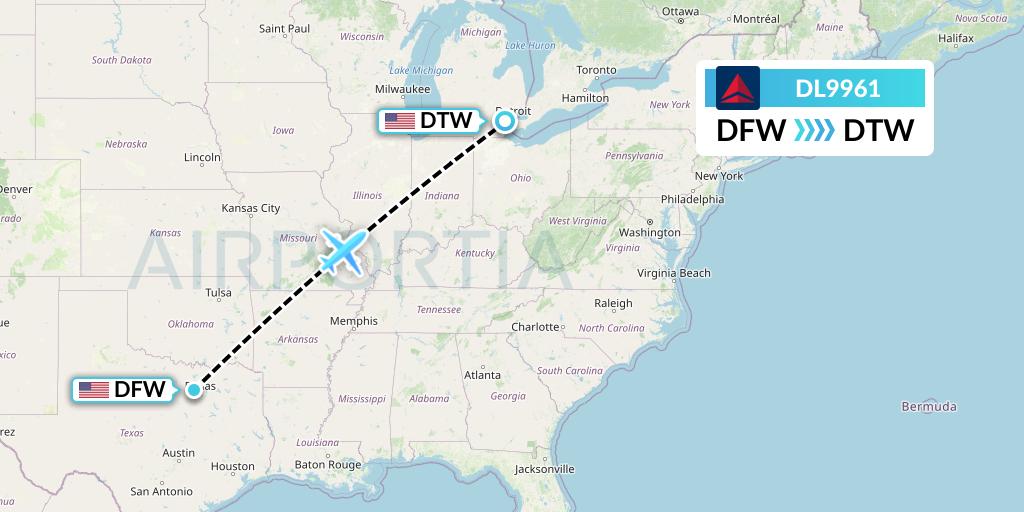 DL9961 Delta Air Lines Flight Map: Dallas to Detroit