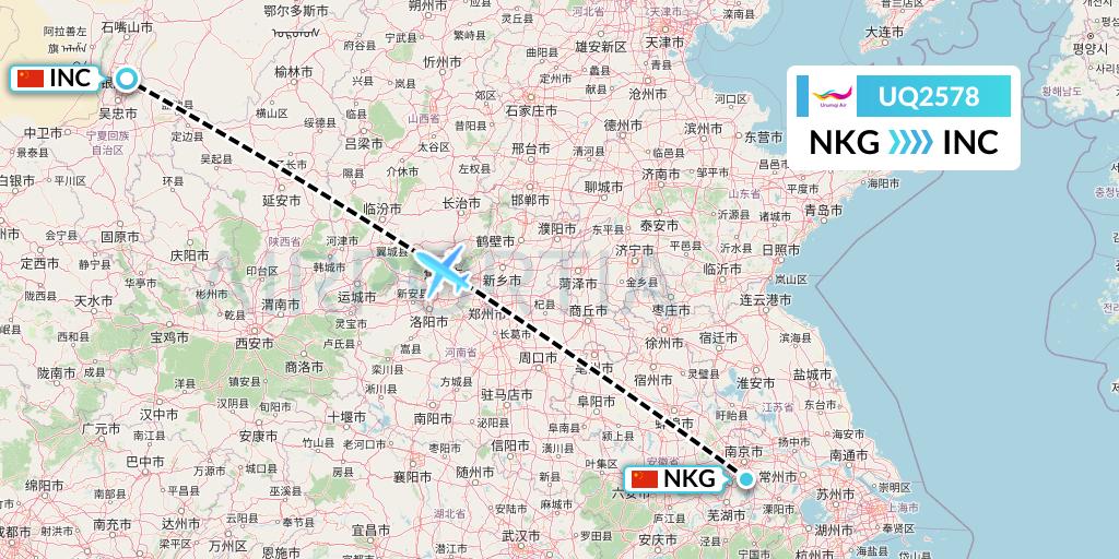 UQ2578 Urumqi Airlines Flight Map: Nanjing to Yinchuan