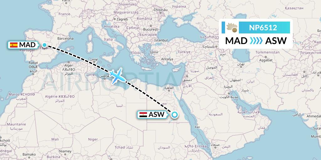 NP6512 Nile Air Flight Map: Madrid to Aswan