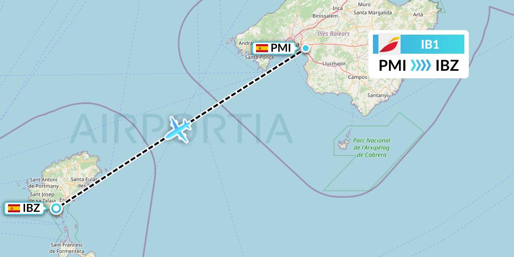 IB1 Iberia Flight Map: Palma de Mallorca to Ibiza