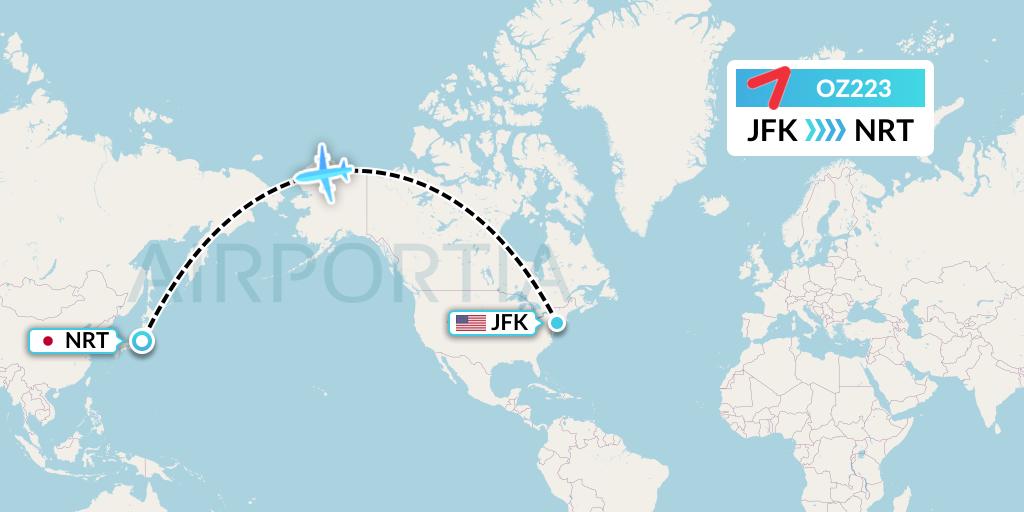 OZ223 Asiana Airlines Flight Map: New York to Tokyo