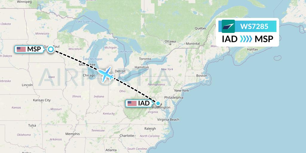 WS7285 WestJet Flight Map: Washington to Minneapolis