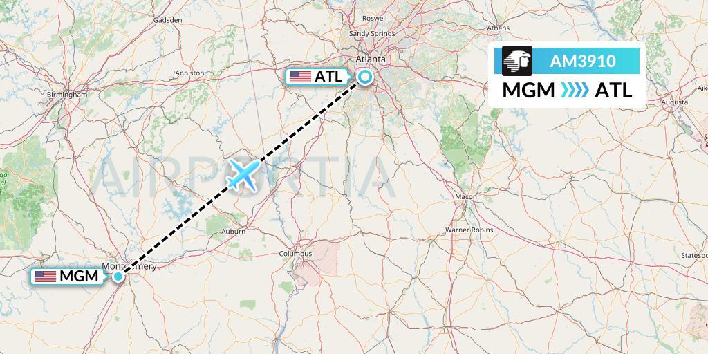 AM3910 Aeromexico Flight Map: Montgomery to Atlanta