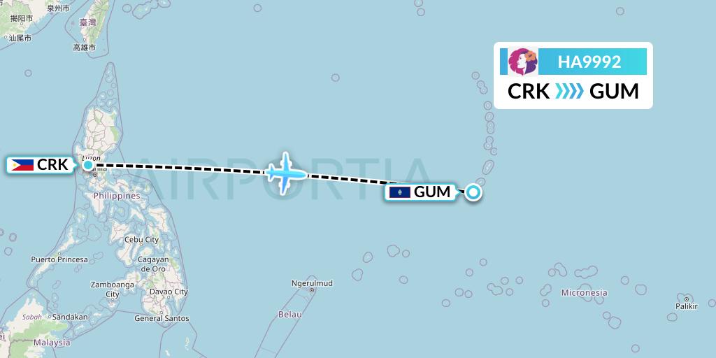 HA9992 Hawaiian Airlines Flight Map: Angeles City to Guam