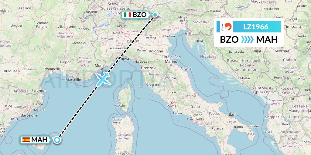 LZ1966 Air Link Flight Map: Bolzano to Mahon