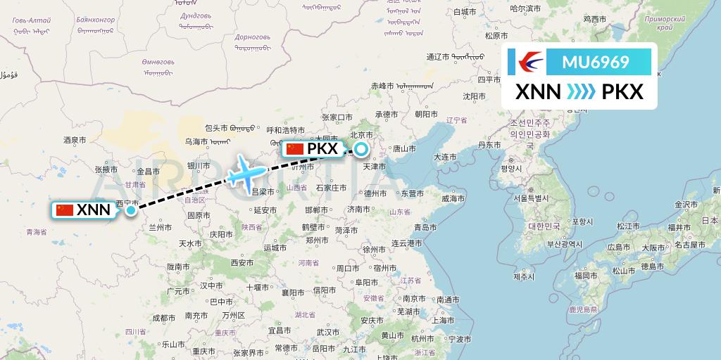 MU6969 China Eastern Airlines Flight Map: Xining to Beijing