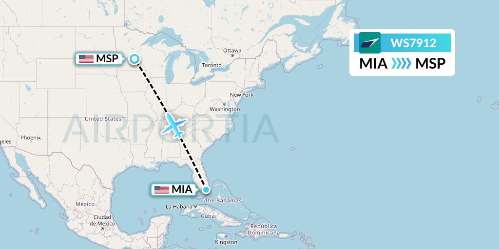 WS7912 WestJet Flight Map: Miami to Minneapolis