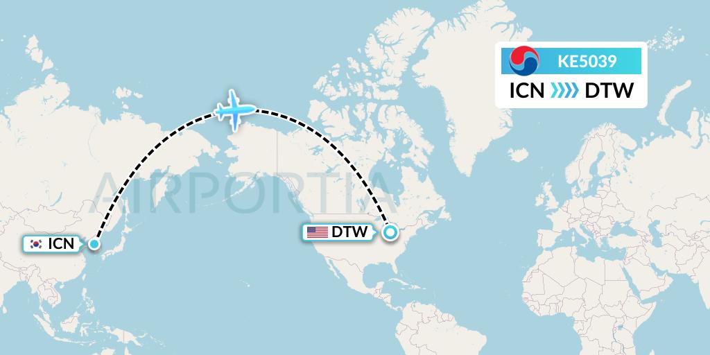 KE5039 Korean Air Flight Map: Seoul to Detroit