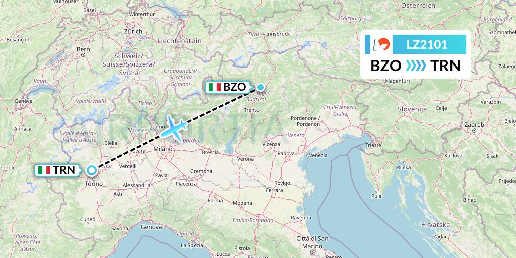 LZ2101 Air Link Flight Map: Bolzano to Turin