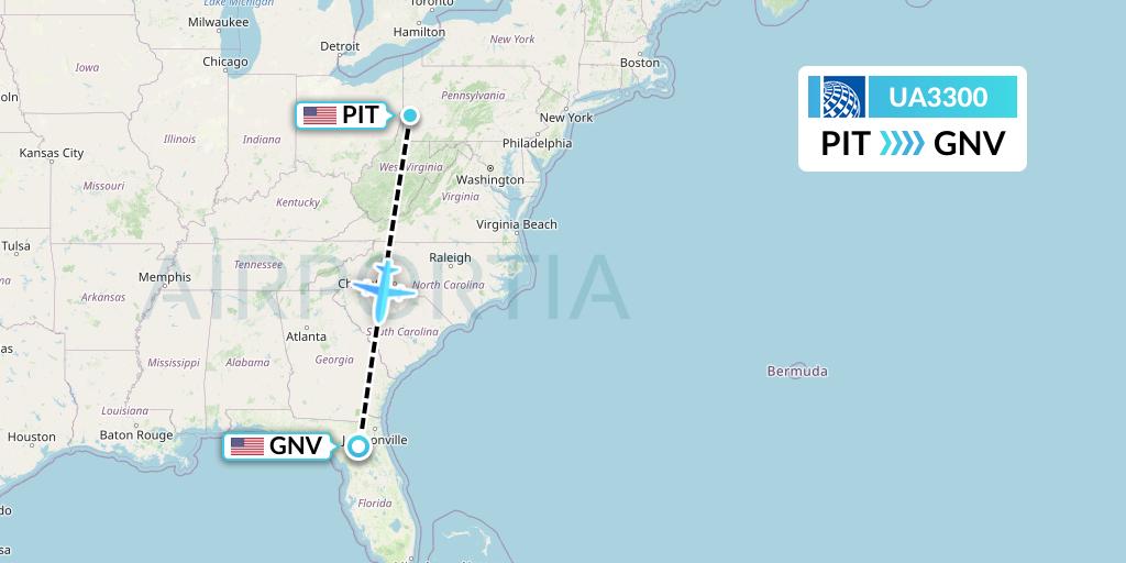 UA3300 United Airlines Flight Map: Pittsburgh to Gainesville