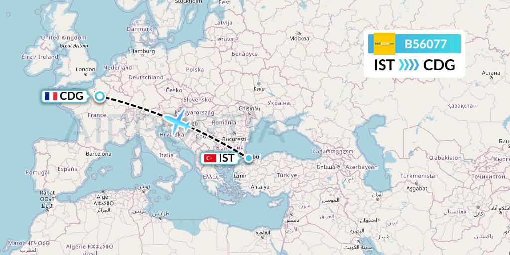 B56077 Fly SAX Flight Map: Istanbul to Paris