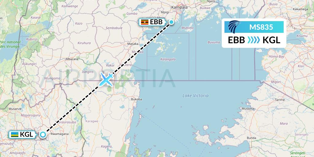 MS835 EgyptAir Flight Map: Entebbe to Kigali
