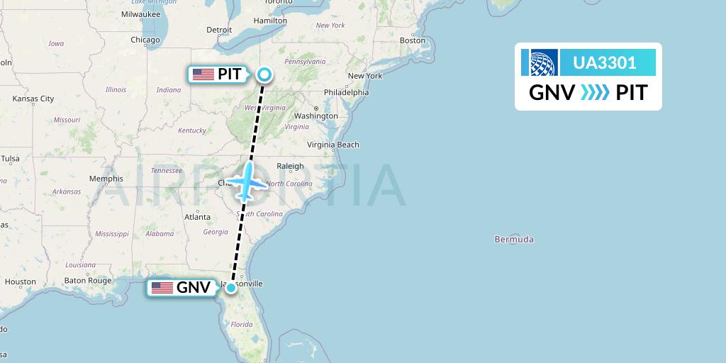 UA3301 United Airlines Flight Map: Gainesville to Pittsburgh
