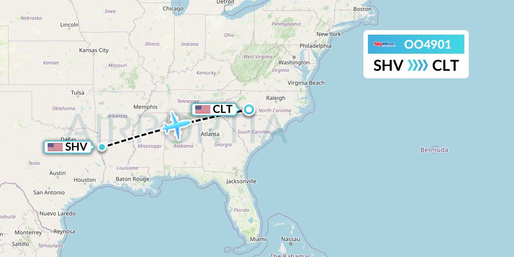 OO4901 SkyWest Airlines Flight Map: Shreveport to Charlotte