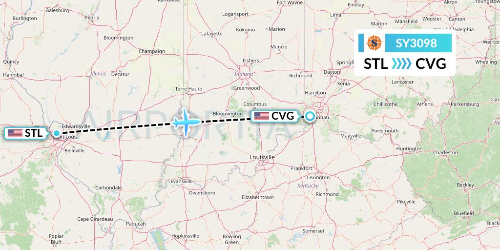 SY3098 Sun Country Airlines Flight Map: St. Louis to Cincinnati