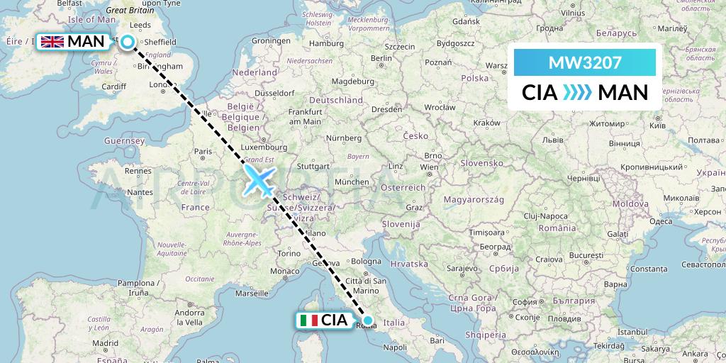 MW3207 Mokulele Flight Service Flight Map: Rome to Manchester