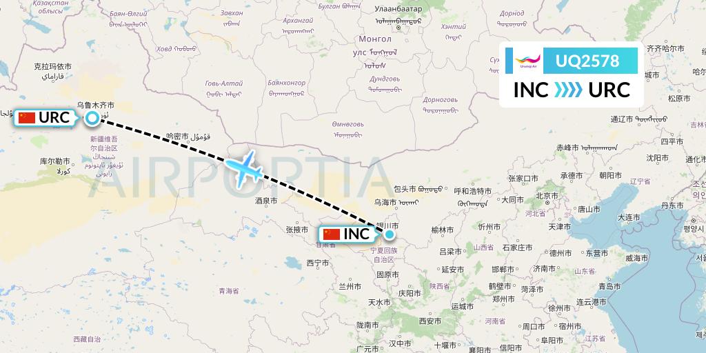 UQ2578 Urumqi Airlines Flight Map: Yinchuan to Urumqi