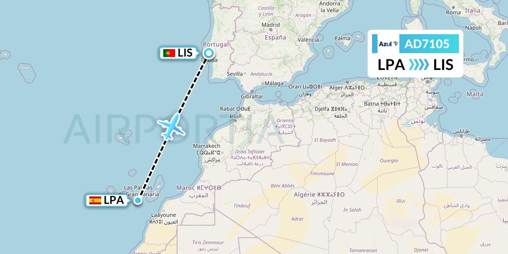 AD7105 Azul Brazilian Airlines Flight Map: Las Palmas to Lisbon