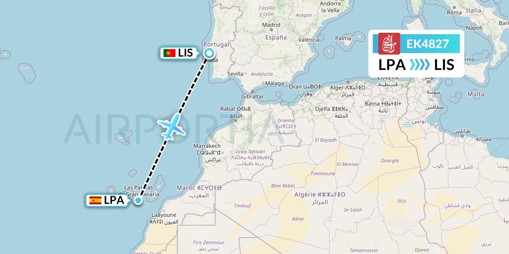 EK4827 Emirates Flight Map: Las Palmas to Lisbon