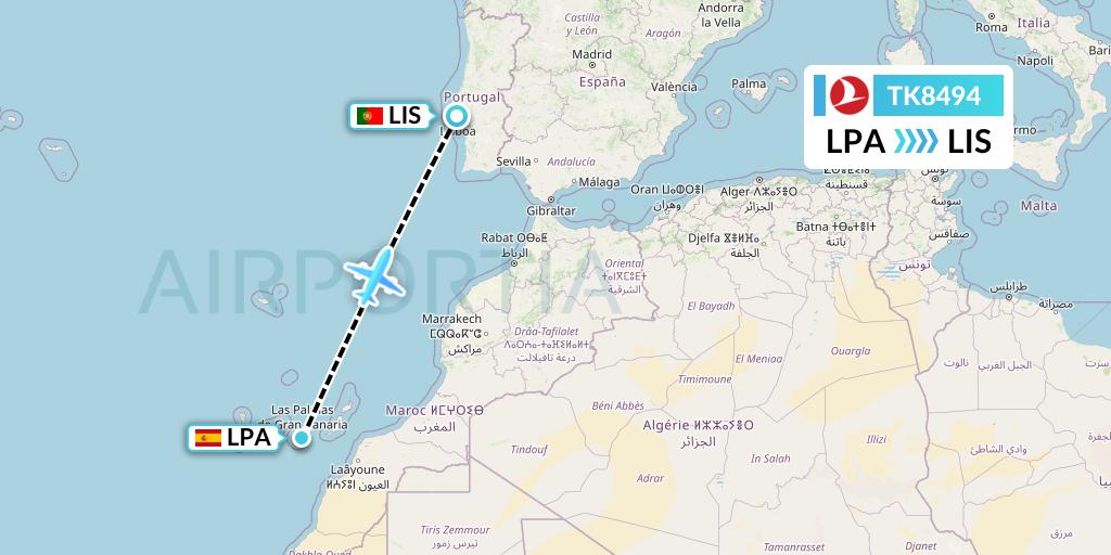 TK8494 Turkish Airlines Flight Map: Las Palmas to Lisbon