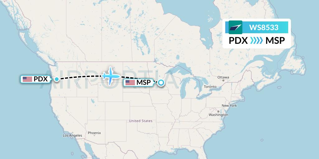 WS8533 WestJet Flight Map: Portland to Minneapolis