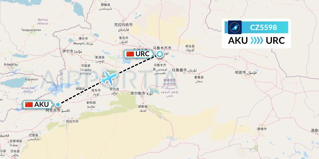 CZ5598 China Southern Airlines Flight Map: Aksu to Urumqi