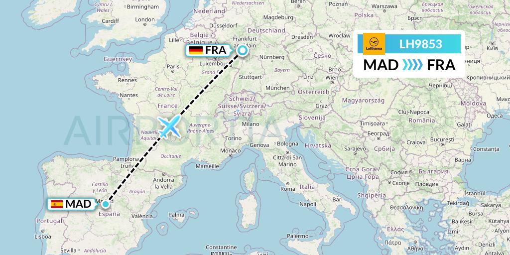 LH9853 Lufthansa Flight Map: Madrid to Frankfurt