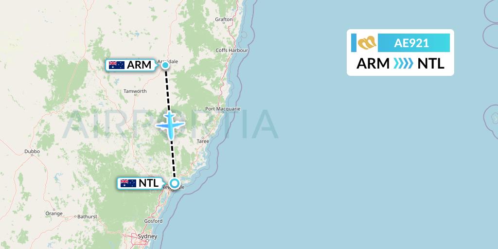 AE921 Mandarin Airlines Flight Map: Armidale to Newcastle