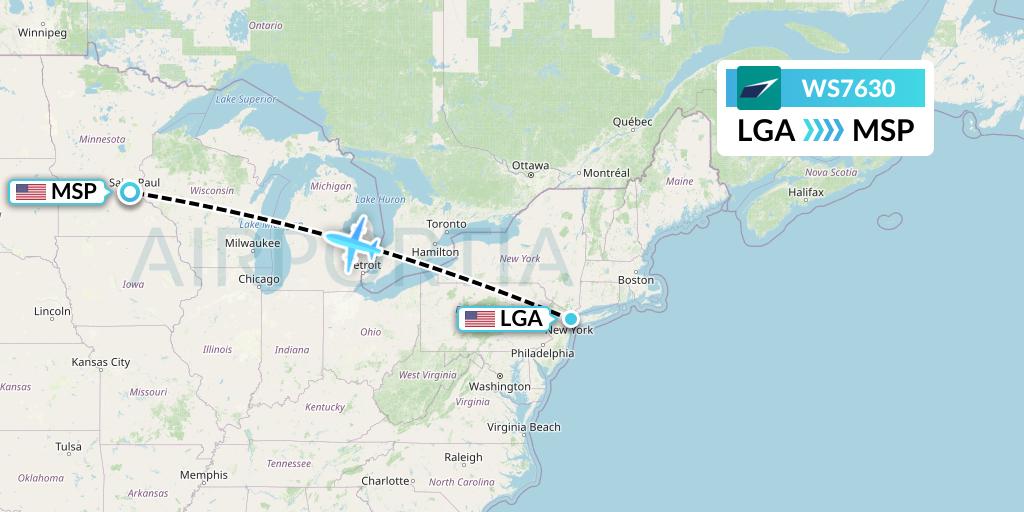 WS7630 WestJet Flight Map: New York to Minneapolis