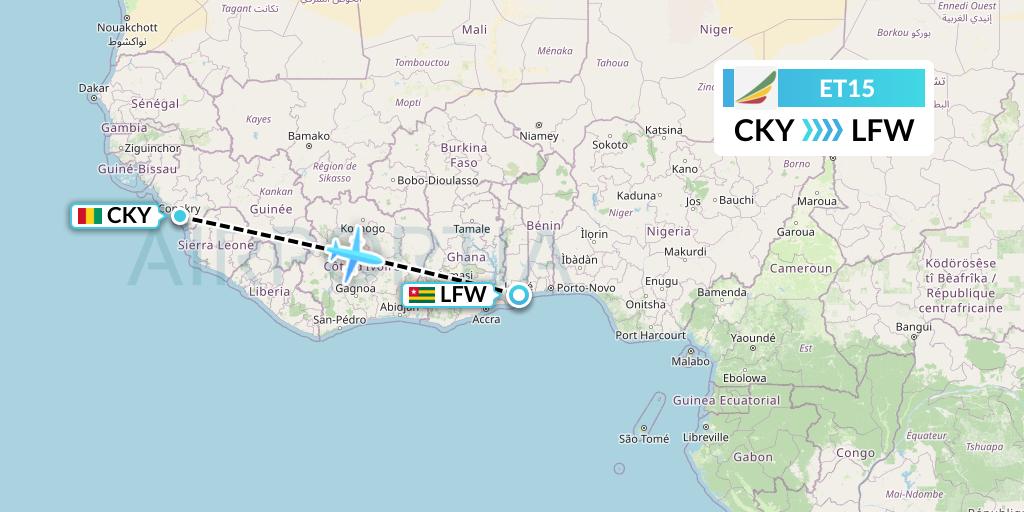 ET15 Ethiopian Airlines Flight Map: Conakry to Lome