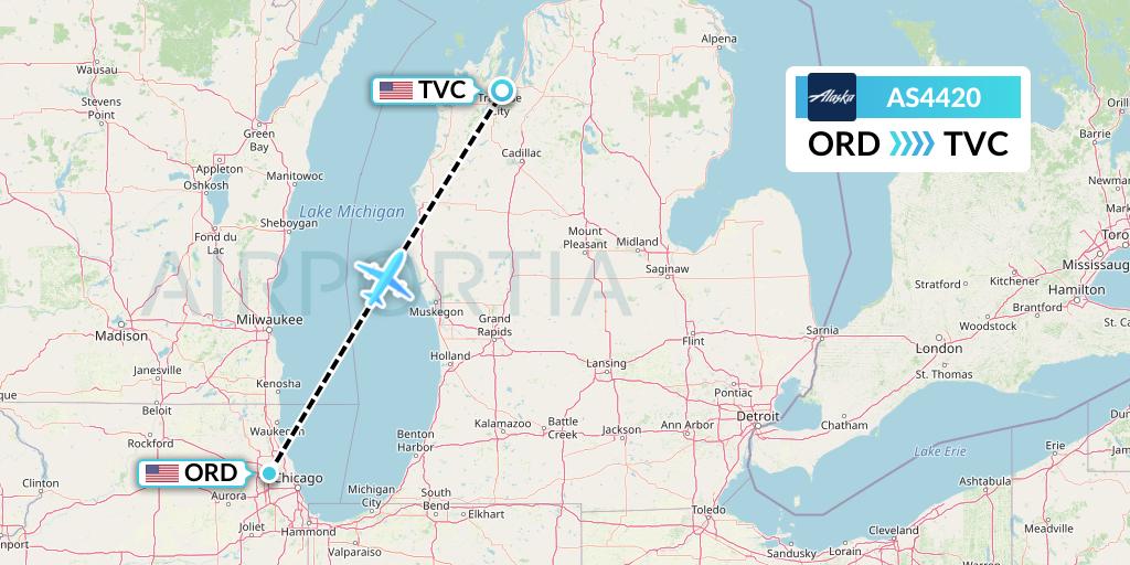 AS4420 Alaska Airlines Flight Map: Chicago to Traverse City