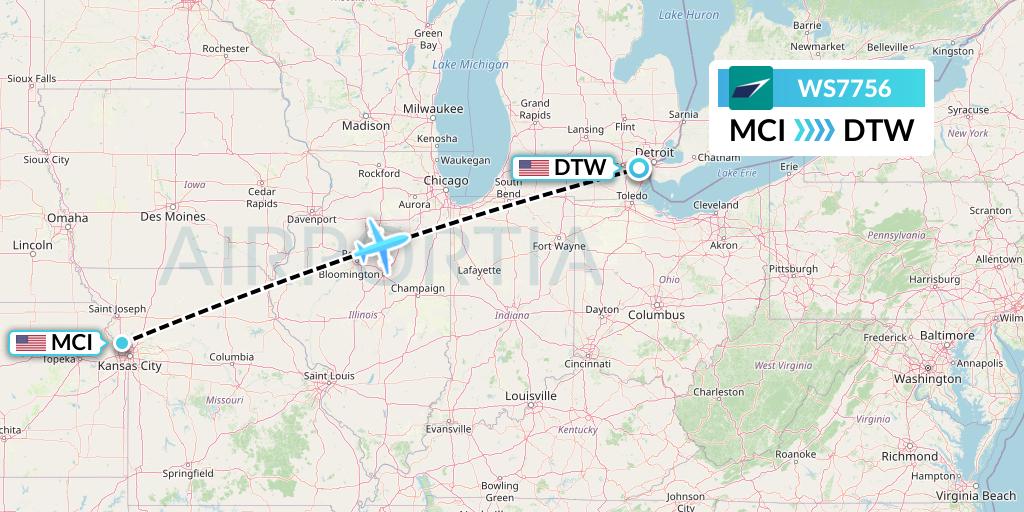 WS7756 WestJet Flight Map: Kansas City to Detroit